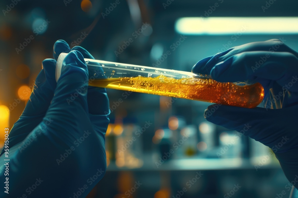 Canvas Prints A scientist or lab technician holds a test tube filled with liquid, wearing blue gloves