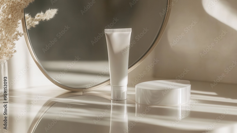 Poster A cream tube sits next to a round container reflecting softly in a mirror, illuminated by natural sunlight on a vanity. Generative AI