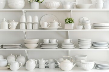 Dishware set in white shelving unit, tableware shelf, kitchen interior, clean white mugs, plates, glass tableware