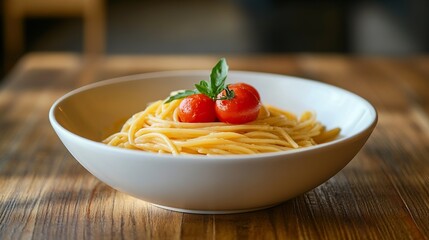white ceramic bowl with pasta and red tomato on brown wooden table