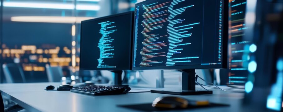 Framework development session, digital coding tools, futuristic tech office