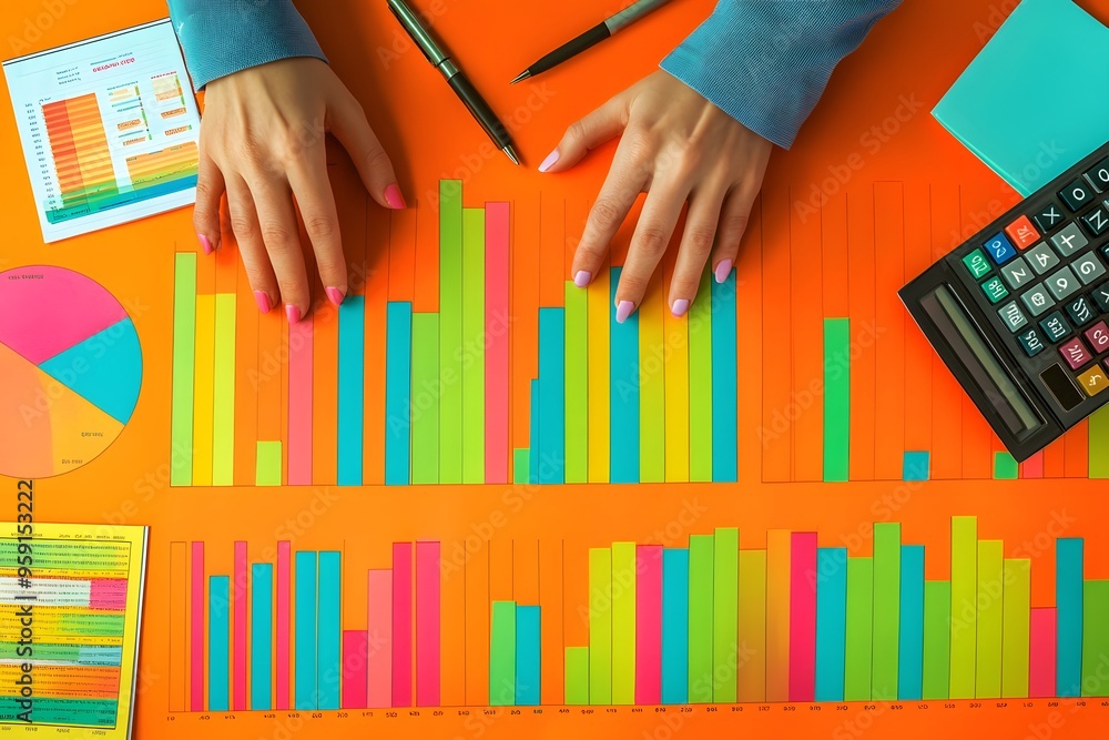 Poster hands analyzing colorful bar charts and pie charts on orange background