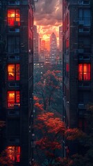 Fototapeta premium A view of a city skyline through a narrow gap between two buildings, with a sunset in the background.