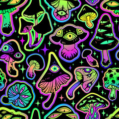 Seamless illustration of magical fairy mushrooms with eyes