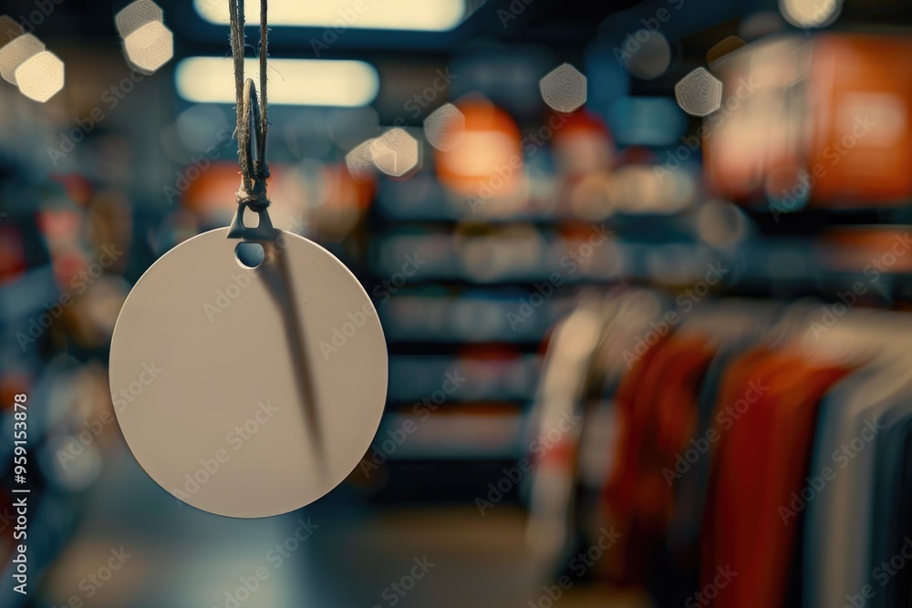 Poster a white circular object suspended from a rope in a store display