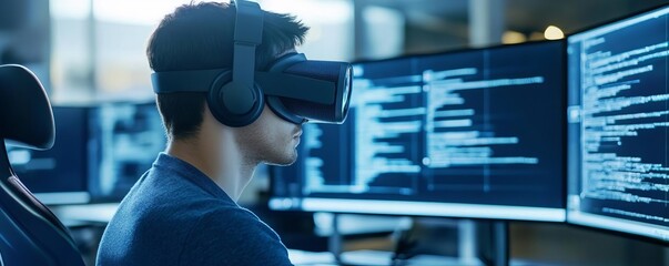 Programmer debugging frameworks, virtual reality displays, futuristic workspace