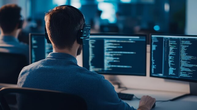 Programmer with augmented reality, framework coding, high-tech office setup