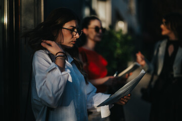 Group of young businesswomen standing outdoors, reviewing documents and discussing work during a break. Focused and professional atmosphere captured in natural light.