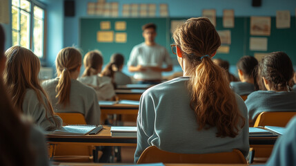 Fototapeta premium A classroom scene where a teacher is giving a lecture to students, who are taking notes in their notebooks.