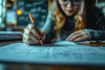 A teacher grading tests at their desk, with a lesson plan book and chalkboard in the background.