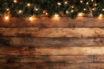 Rustic wooden background with festive christmas garland and warm fairy lights