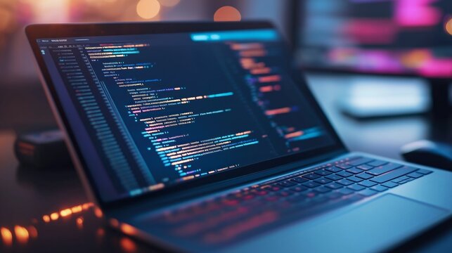 Laptop screen displaying colorful code, concept of software development.