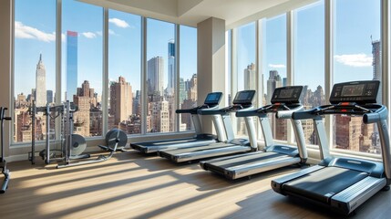 Obraz premium Bright and modern fitness studio with treadmills, large windows offering views of the city, perfect for high-energy workouts.