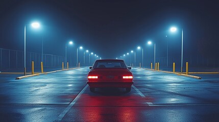 Quiet night in a deserted parking lot with a classic red car illuminated by streetlights
