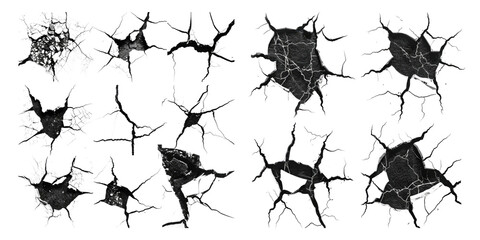 Set of black crack isolated on transparent background, set of