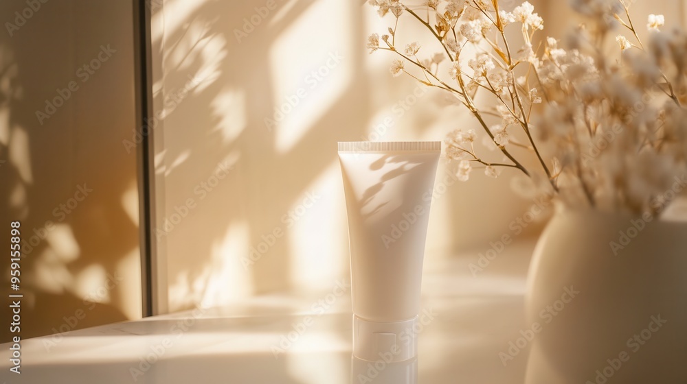 Poster a tube of cream sits on a surface, reflected in a mirror, surrounded by gentle sunlight and soft flo