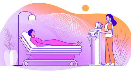 A serene illustration of  a hospital ward with a patient lying on a hospital bed, simple