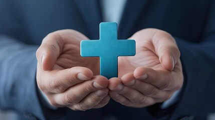 Businessman's hands holding a virtual blue plus sign, representing health insurance and a positive outlook in business.