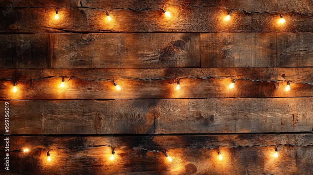 Wall mural Rustic wooden background with warm festive string lights for cozy decorating ideas