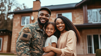 Soldier joyfully reunites with his family and they embrace in front of their home