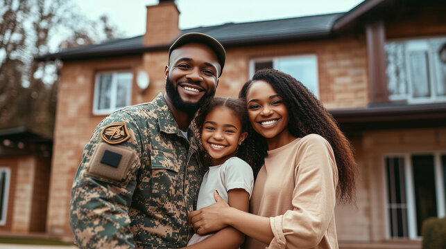 Soldier joyfully reunites with his family and they embrace in front of their home