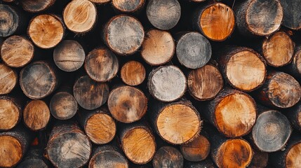 Wooden logs of different sizes are stacked on top of each other.