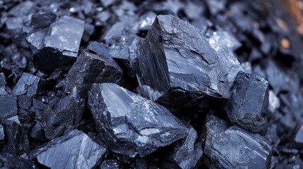 Natural black coal blocks piled together in a rich, textured formation