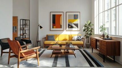 Scandinavian mid-century modern living room with eclectic furniture and bright cushions