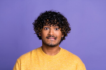 Fototapeta premium Photo of stressed depressed man wear stylish yellow clothes isolated on violet color background