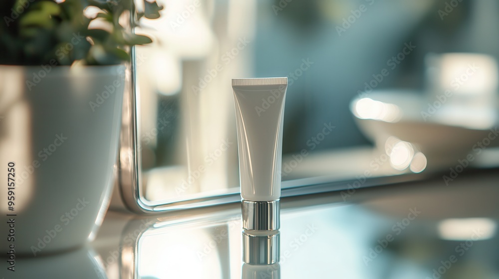 Poster A tube of cream sits on a countertop, its reflection captured in a nearby mirror, illuminated by soft natural light. Generative AI
