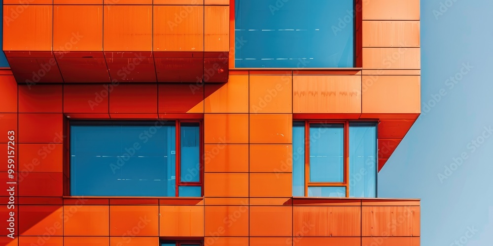 Poster modern building with an orange facade featuring rectangular and square geometric shapes