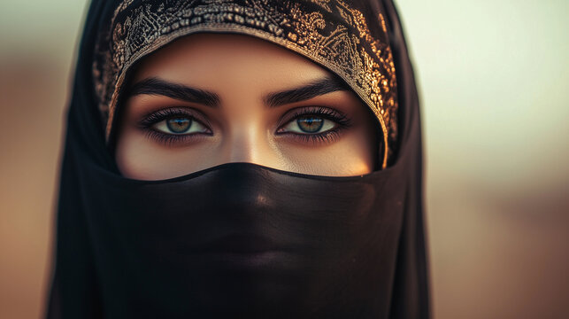 Young arabic woman is wearing a black niqab with golden embroidery, only showing her beautiful, intense, green eyes