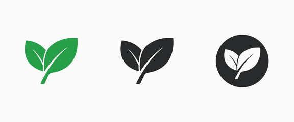 Set of green and black leaves. Vegan sign concept. Tree leaf.