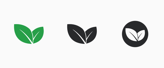 Set of green and black leaves. Vegan sign concept. Tree leaf.
