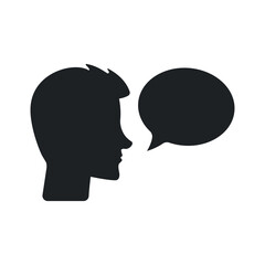 Minimalistick talking man silhouette with speech bubble. Sideways looking face icon.