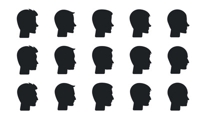 Set of man profile silhouettes, diverse faces looking sideways vector icons. Man faces with different hair style. 