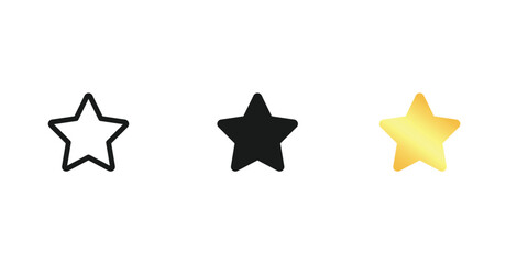 Set of minimalistic star in linear, fill and gold style. Five edge star vector icons.