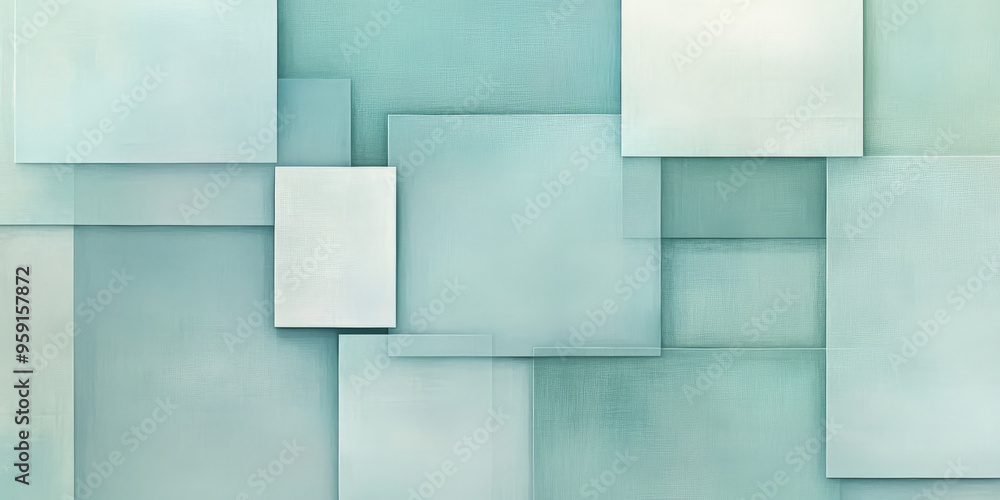 Poster a serene background with light color blocks in shades of soft blue and green. the design features ge