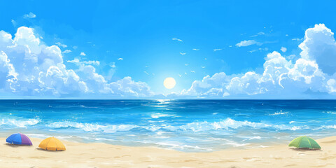 A serene cartoon beach landscape with gentle waves lapping at the shore, a bright sun shining in a clear blue sky, and a few colorful beach umbrellas dotting the sand. The scene is tranquil and