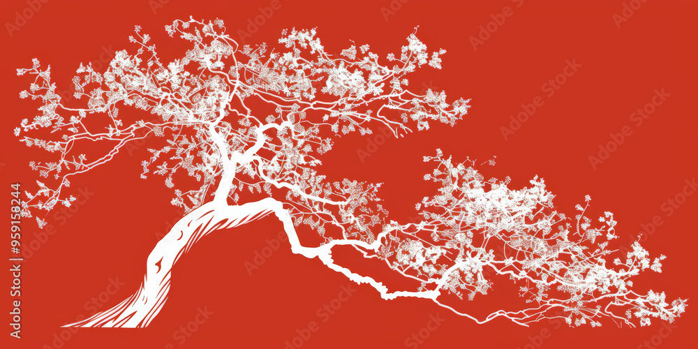 Poster a simple white line drawing on a red background of a tree with spreading branches and leaves. the co