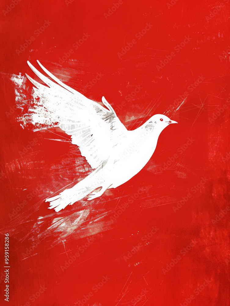 Poster a clean white line sketch of a bird in flight, soaring over a bold red background with a slight grai