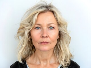 Fototapeta premium Blonde middle aged woman serious angry sad face portrait white background