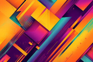 A striking bright abstract background with geometric patterns in bright hues of orange, purple, and turquoise. The design has a contemporary, high-energy look.