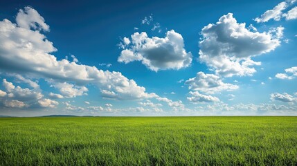 Obraz premium Green grasslands stretching to the horizon, under a sky of blue with white, puffy clouds. Calm and serene.