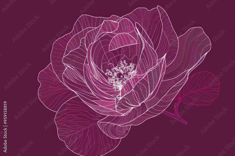 Poster a simple white line drawing on a plum background of a rose with intricate petals. the deep color emp