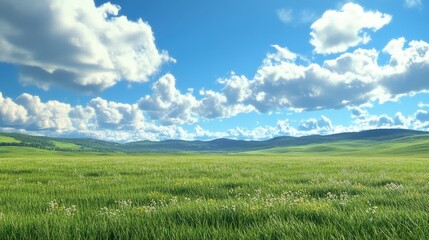 Fototapeta premium Green grasslands stretching to the horizon, under a sky of blue with white, puffy clouds. Calm and serene.