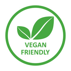 Vegan friendly vector icon. Organic, bio, eco symbol. Vegan, no meat, lactose free, healthy, fresh and nonviolent food. Round green vector illustration with leaves for stickers, labels, web and logos.