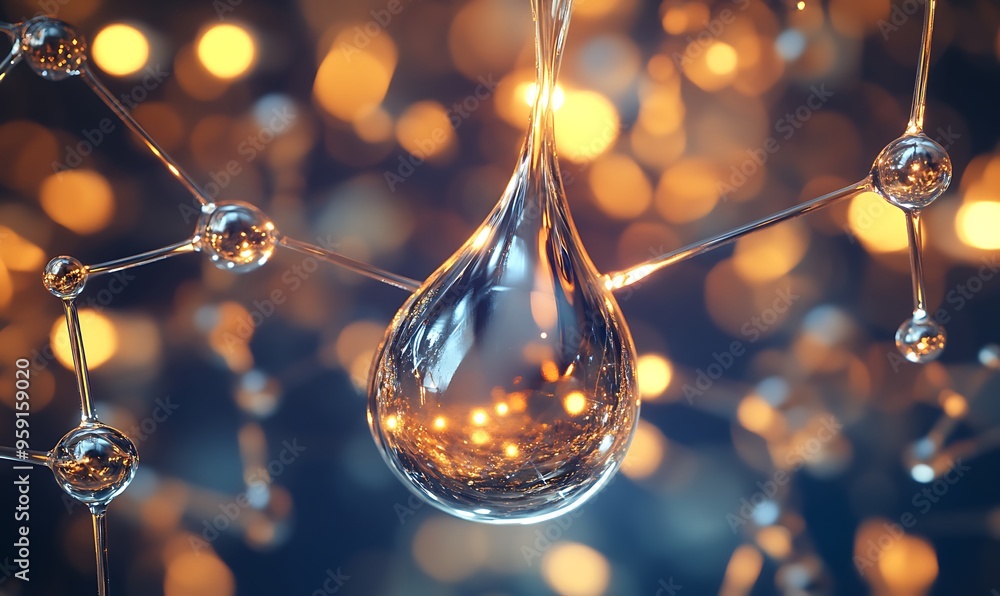 Poster a single water droplet suspended in a molecular structure with warm bokeh lights in the background