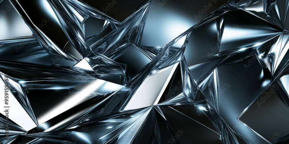 Poster a futuristic abstract background with metallic, textured surfaces in shades of silver and dark blue.