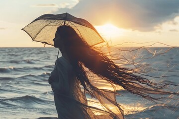 Outdoor exploration  person with umbrella embracing the wind on an exciting adventure